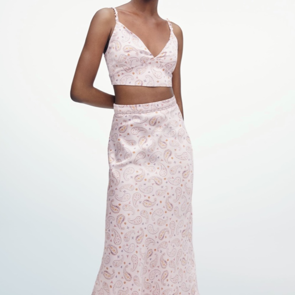 NWT ZARA Paisley Pink Top and Skirt Set Sz small